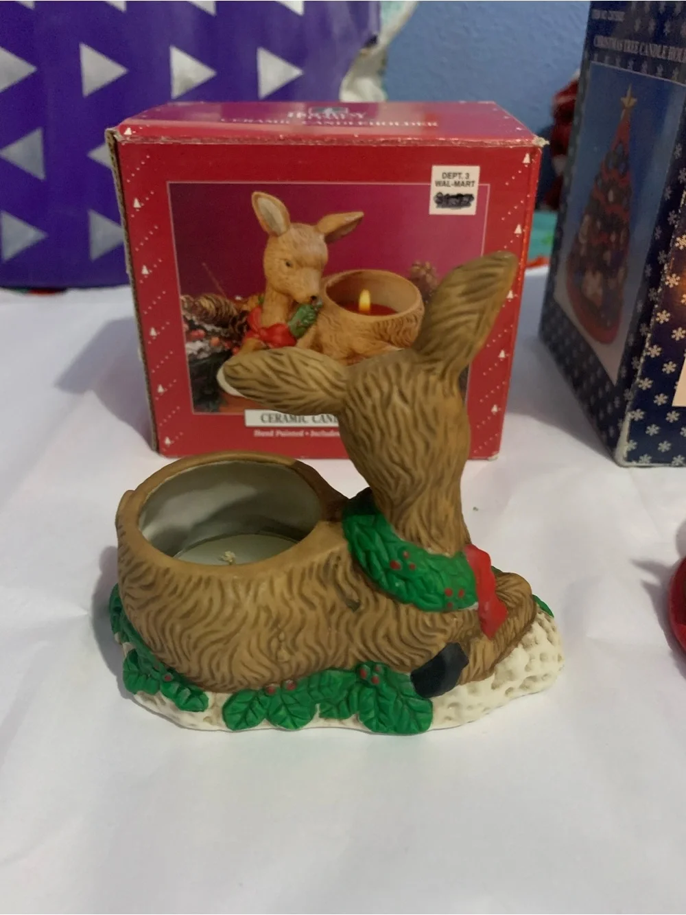 Two Ceramic Christmas Tea Lite Candleholders Deer Tree Nativity